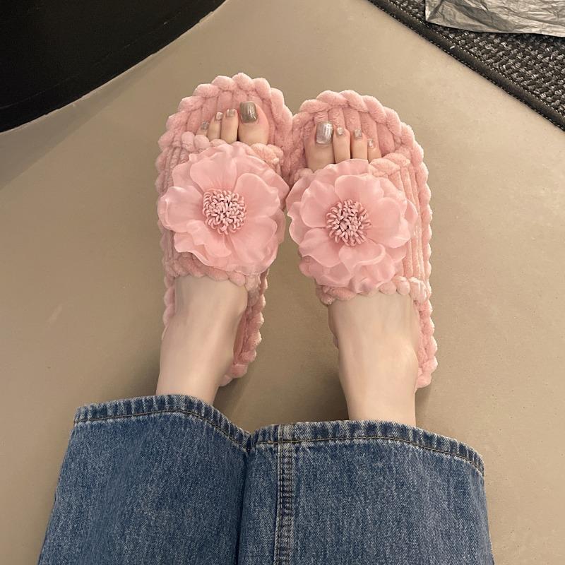 Fashion 2025 NEW  Women's Floral Indoor Flat Bottom Plush Autumn Winter Cotton New Version Single Strap Indoor Slippers