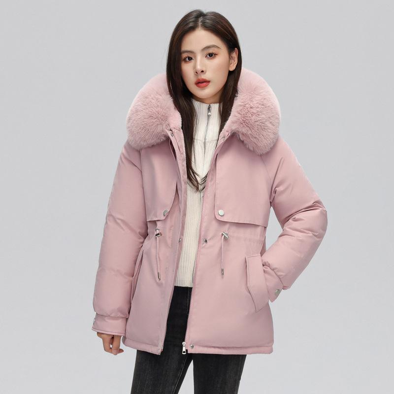 Women's New Velvet and Thickened Parka Short Korean Style Loose Waisted Large Fur Collar Jacket
