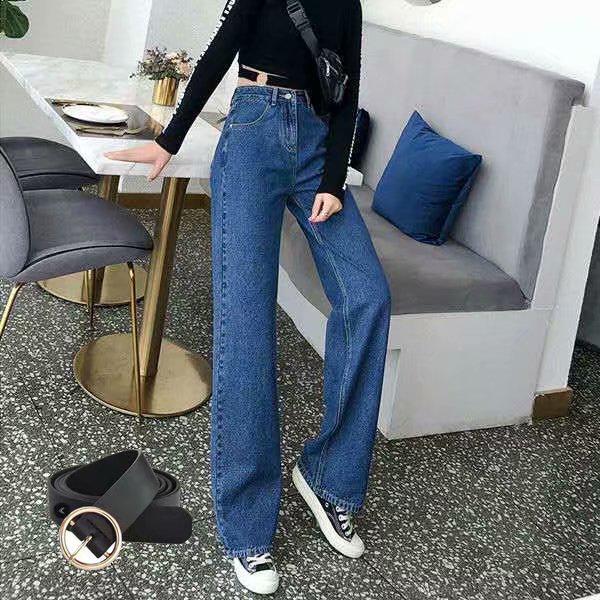 Jeans Blu Retro a Vita Alta da Donna - Pantaloni a Gamba Larga Snellenti per l'Estate
