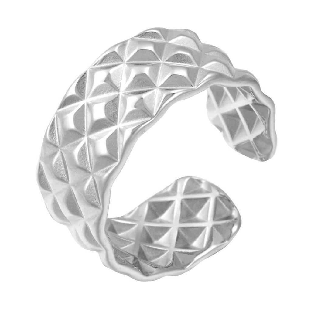 Gold-Plated Stainless Steel Open Ring with Diamond Lattice Texture - Unisex Retro Classic Design, In Stock