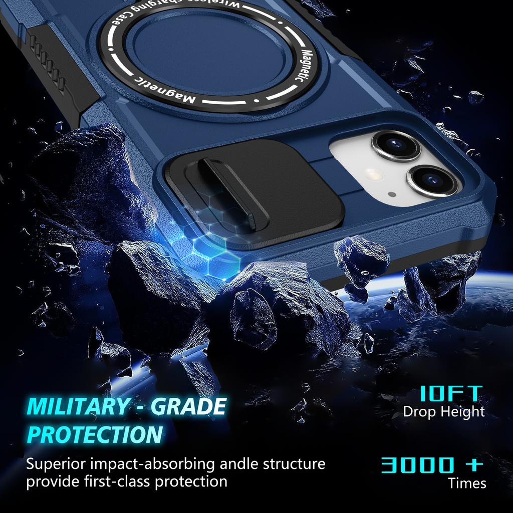 For iPhone 11 Case Invisible Magnetic Kickstand PC+TPU Phone Shell Built-in Sliding Lens Cover