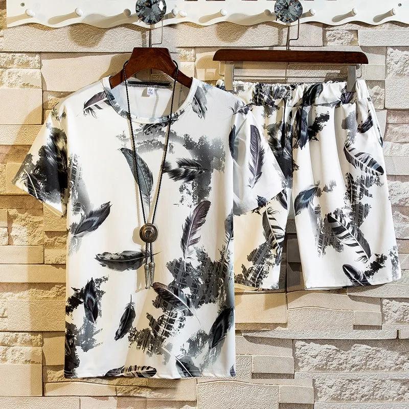 

Летний мужской повседневный костюм из тонкого ледяного шелка, градиент цвета, свободные шорты с короткими рукавами и большой доской, две штуки XXXXL