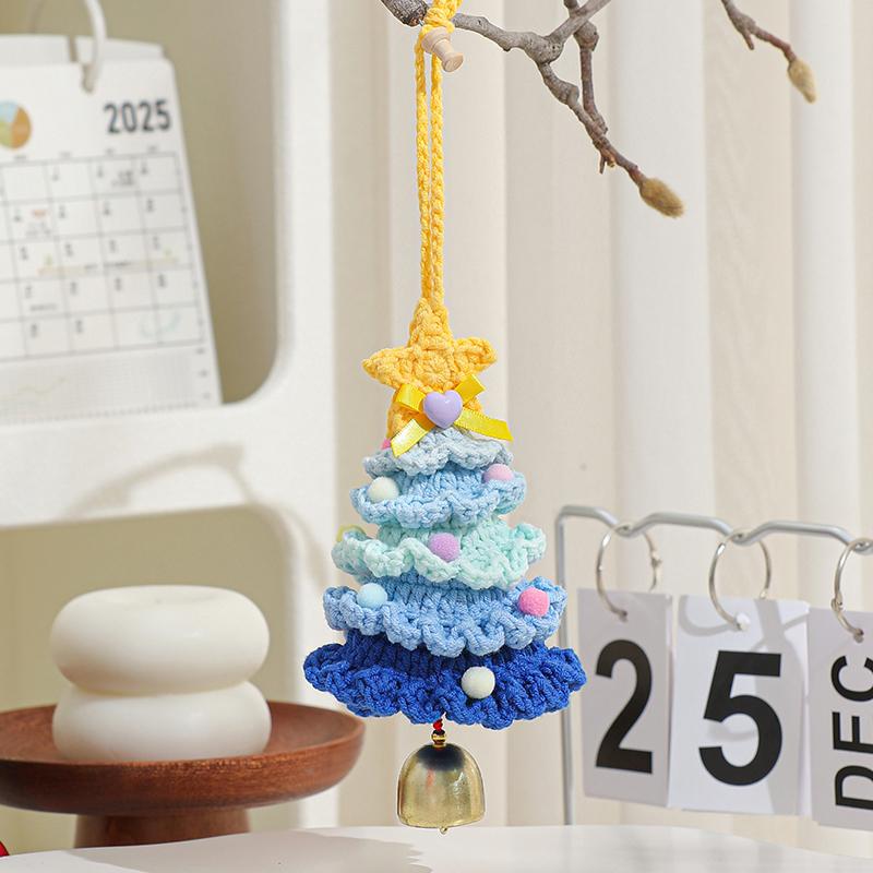 Knitted Christmas Tree With Jingle Bell Plush Christmas Hanging Pendant Wool Crochet Christmas Tree For Christmas Party Decor