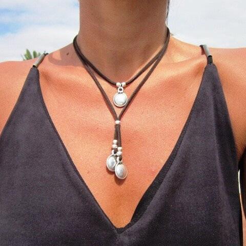 New Fashion Women Vintage Korean Velvet Double-layer Metal Pendants Necklace Women Boho Blue Stone Korean Velvet Choker Necklace