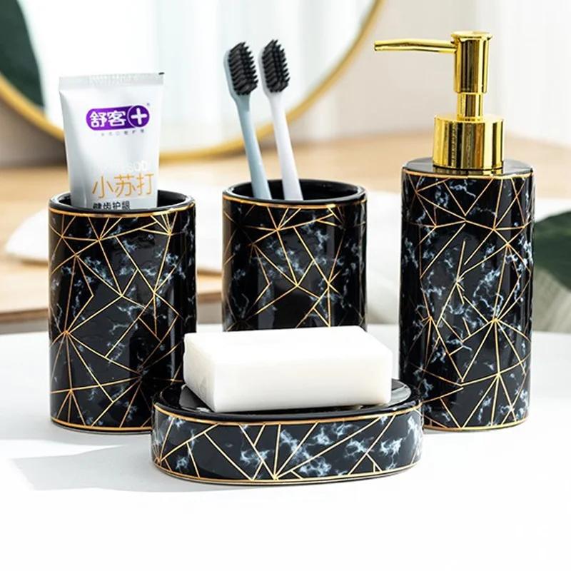Marble bathroom wash four piece set ceramic household products lotion bottle toothbrush holder mouthcup set bathroom accessories