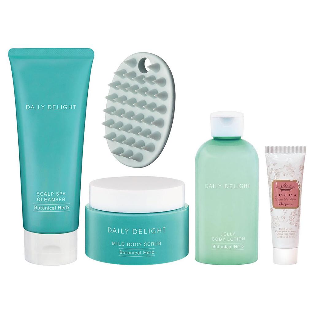 Daily Delight Spa Set (Head Cleanser & Brush, Body Scrub & Body Lotion) with Bonus Item