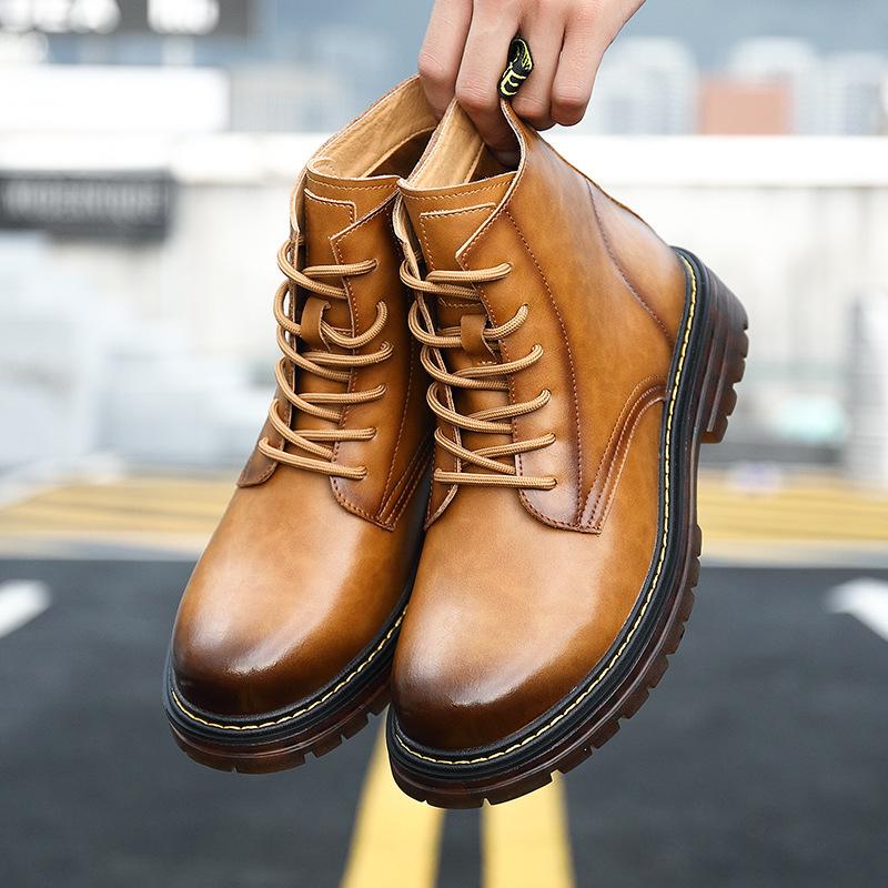 Casual British style boots, velvet thick-soled lace-up rhubarb boots, new cowhide Martin boots for men