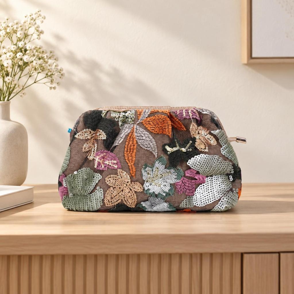 Slim Profile Sequined Woven Pouch Bag Lightweight Embroidered Floral Handbag