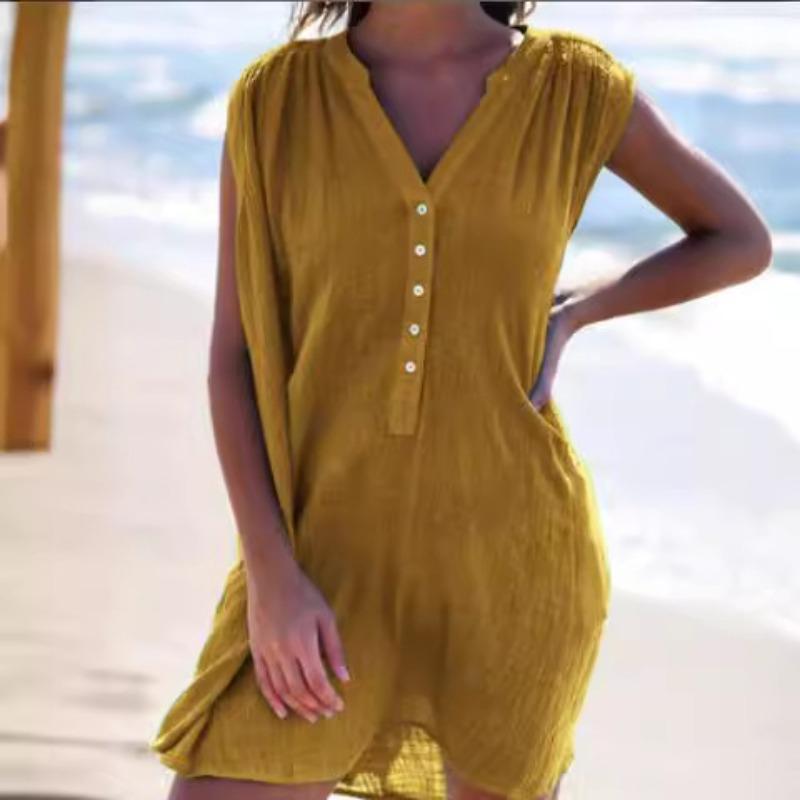 Summer Women's Solid Color Fashionable V-neck Button Casual Sleeveless Dress