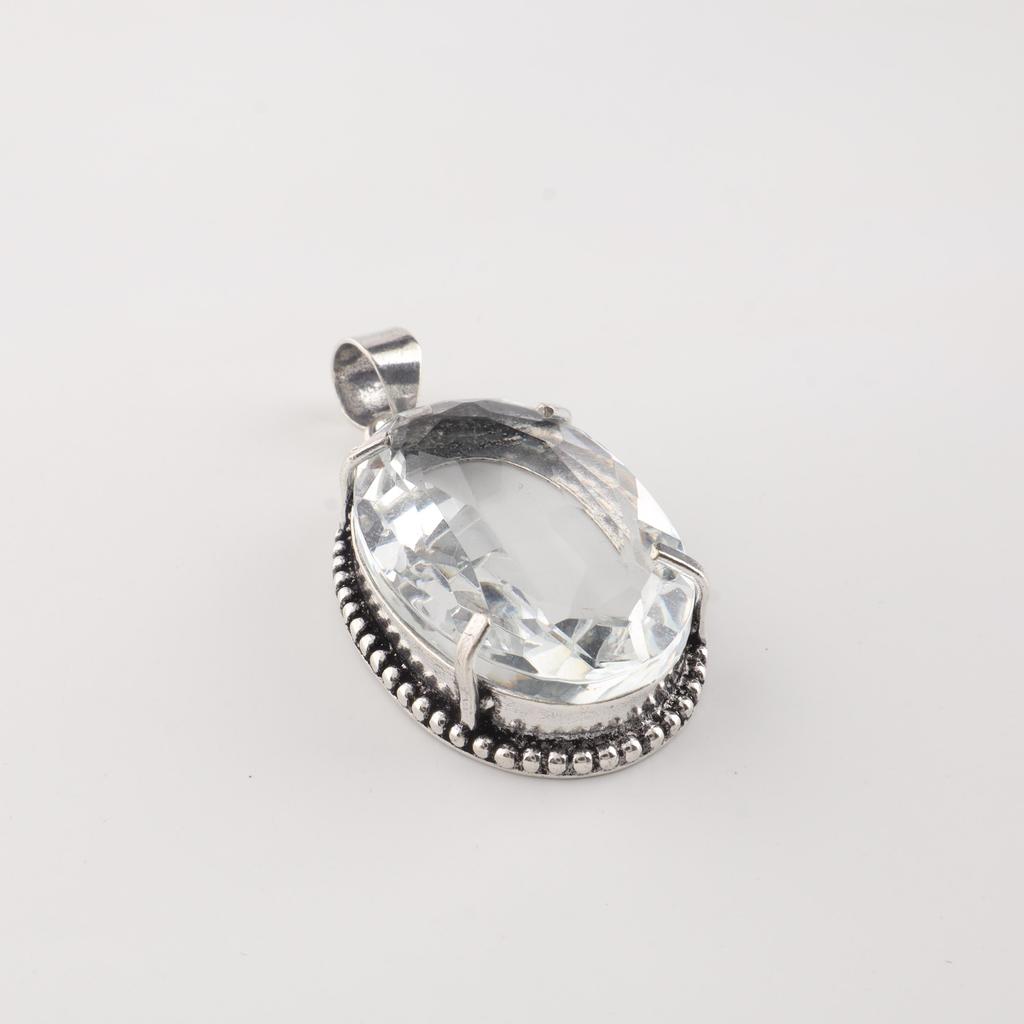 Crystal Quartz Gemstone Silver Pendant 1.75" , 925 Sterling Silver Handmade Jewelry, Women Wedding Pendant PP-63-5