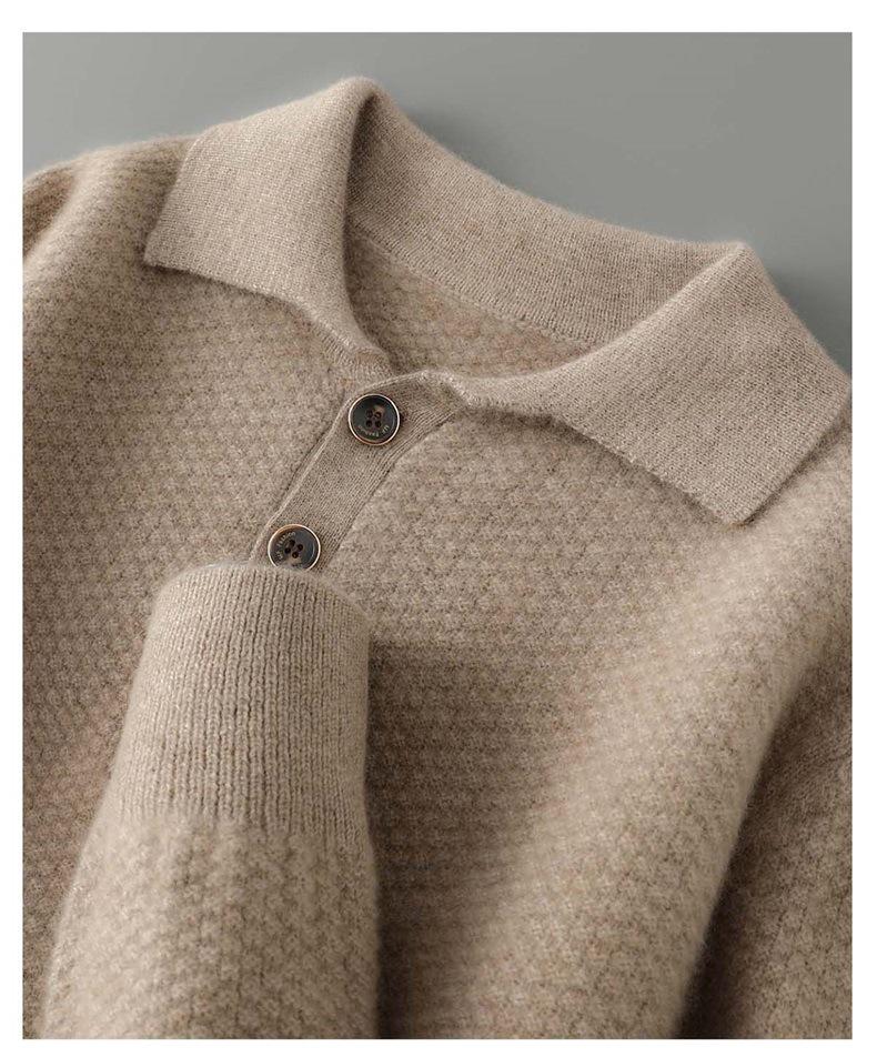 Men's Pure Wool Polo Collar Cardigan: Loose, Button-Up, Business Casual Cashmere Knit Sweater