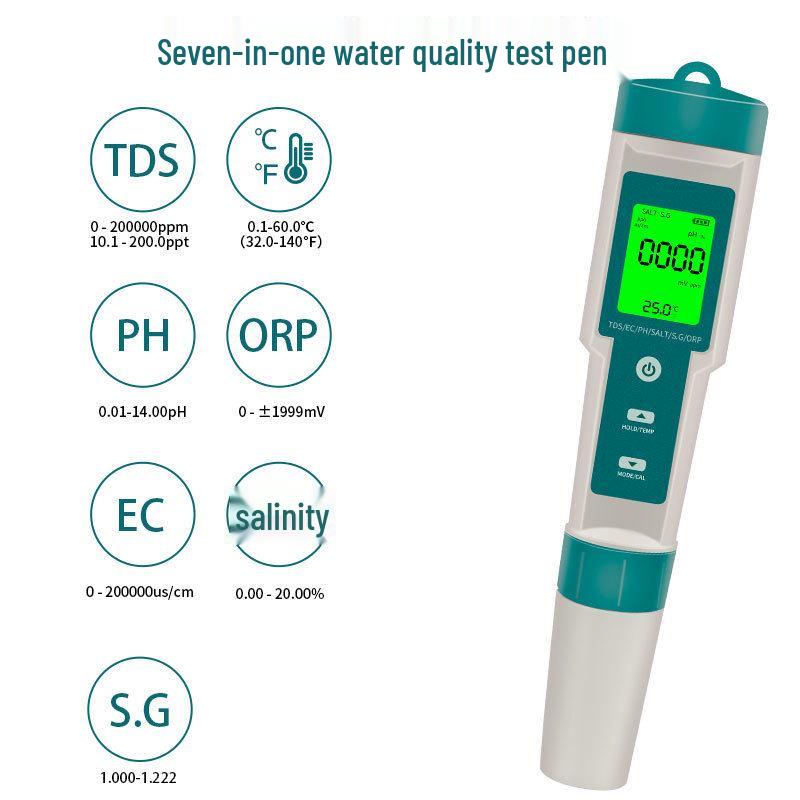 Seven-in-One Portable Water Quality Test Pen: PH, TDS, EC, Salinity, SG, ORP, Temperature