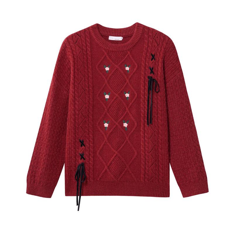 INMAN Women s Festive Red Embroidered Cable Knit Sweater L