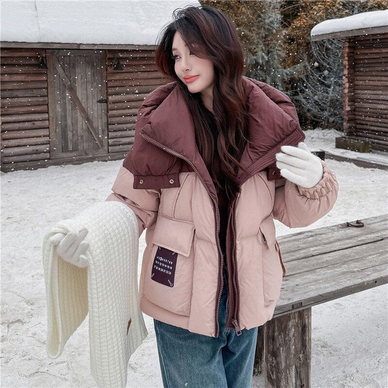 Damen Winter Colorblock Kapuzen Daunen Baumwolljacke Locker Kurz Gepolsterte Jacke Koreanisch Trendy