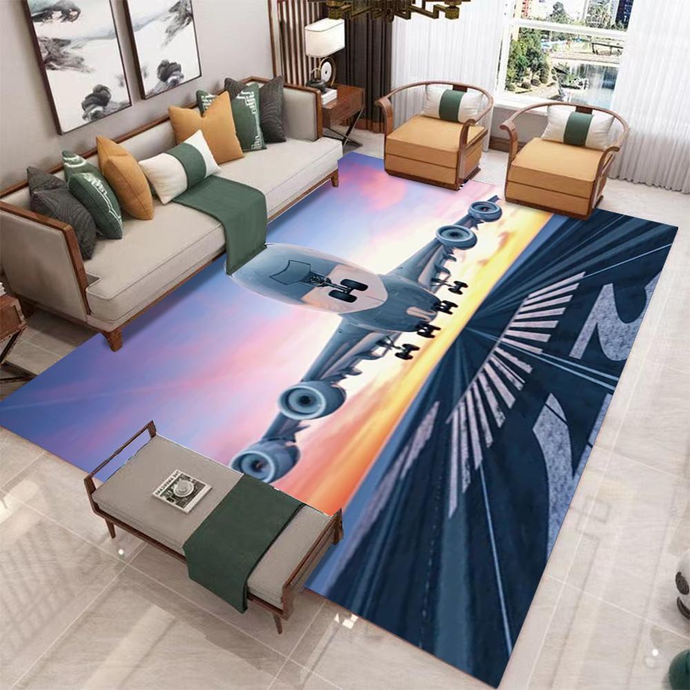 Large Airplane Take off Carpet Pink Purple Gradient Sky Clear Runway Details Living Room Area Rug Match Light Gray Home Decor