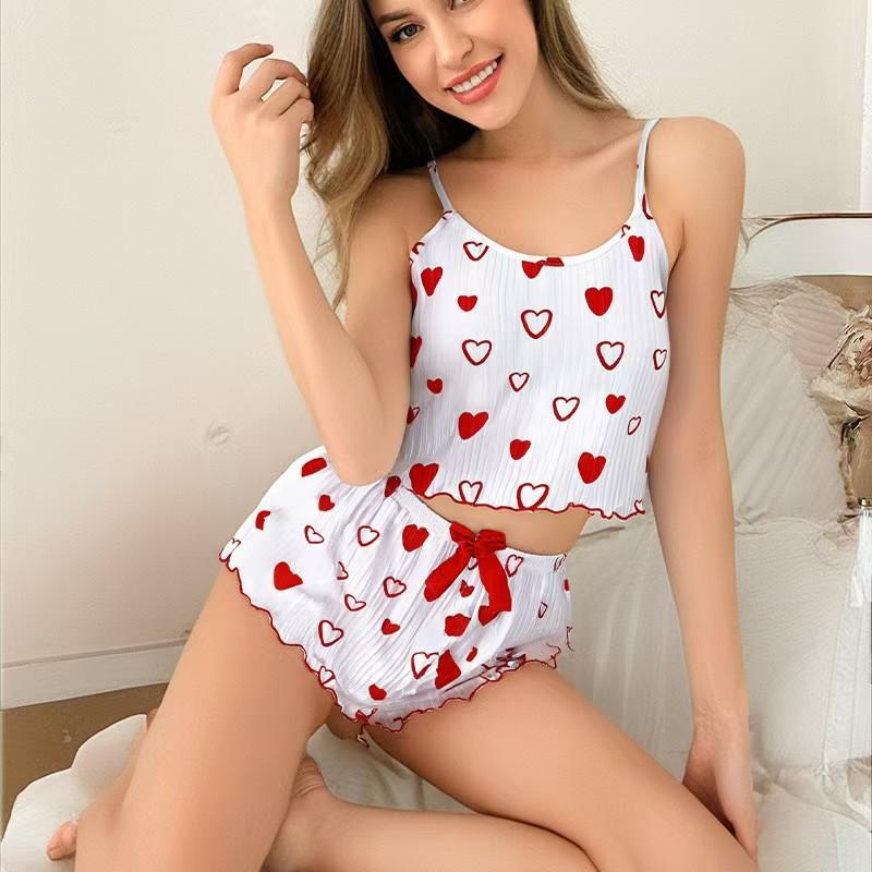 2026 Heart Print Knit Ribbed Camisole Shorts Pajama Set for Women