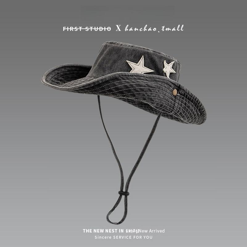 1Pc Punk Star Wide Brim Cowboy Hat For Women Girl Summer Sunscreen Fordable Sunshade Fisherman Cap Outdoor Camping Climbing Hats