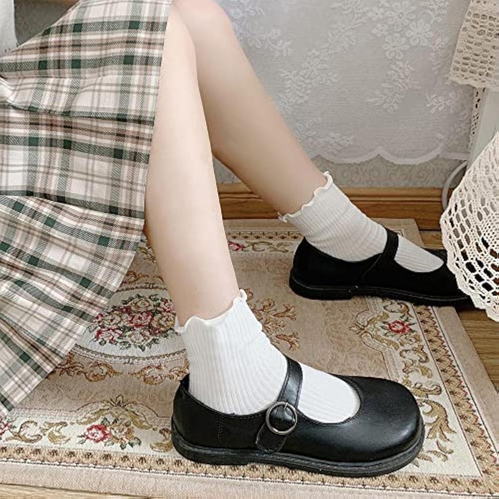 Women Socks Ruffle White Black Frilly Lolita Style Japanese Maiden Cute Kawaii Cotton Harajuku Princess Crew Calcetines