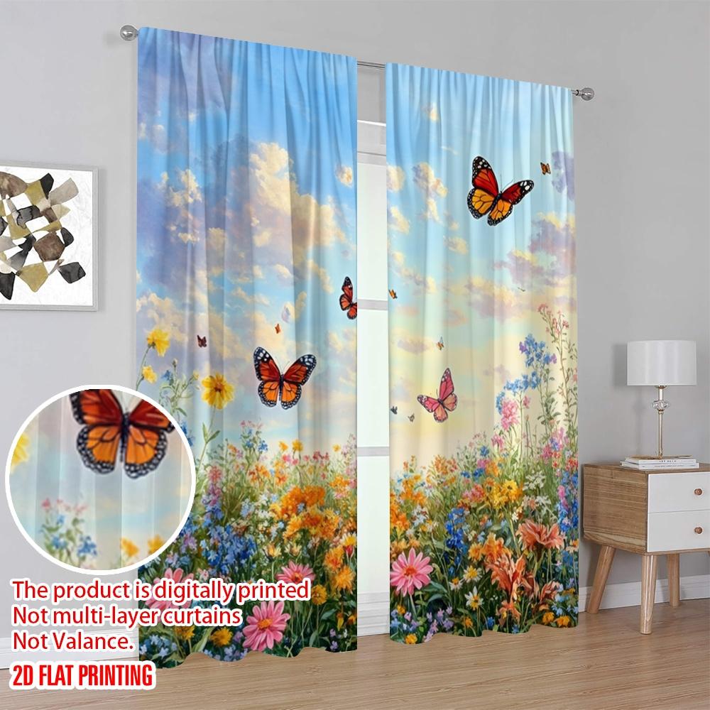 2Pcs,2D Plane Printing Curtains Fluttering Bliss Durable 100% Polyester Fabric (Without Rod) Home Decor Perfect For Bedroom,