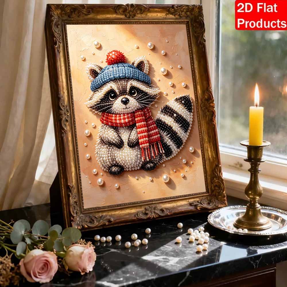 DIY Pearl Bead Painting Kit Cute Raccoon Winter Hat Scarf Stress Relief Craft Frameless 3D Canvas Art for Adults Home Decoration Gift