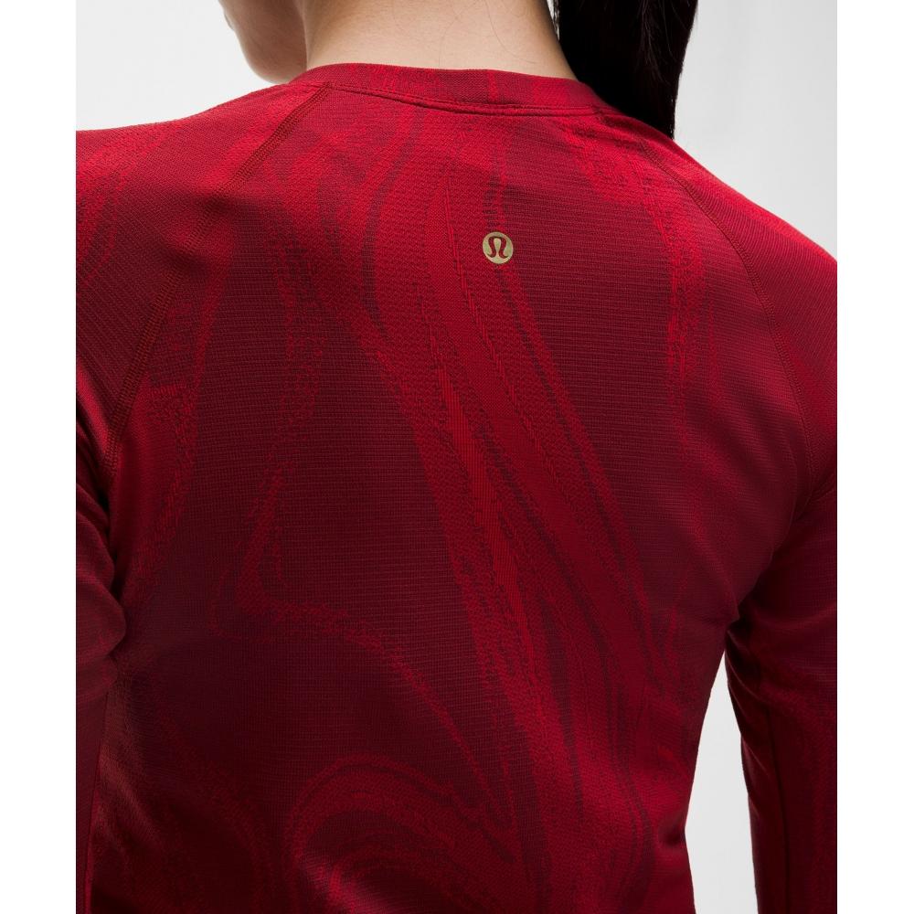 Lululemon Lunar New Year Swiftly Tech Long Sleeve Shirt 2.0  Waist Length Swirling Plumes Oxford Red Burgundy Bay