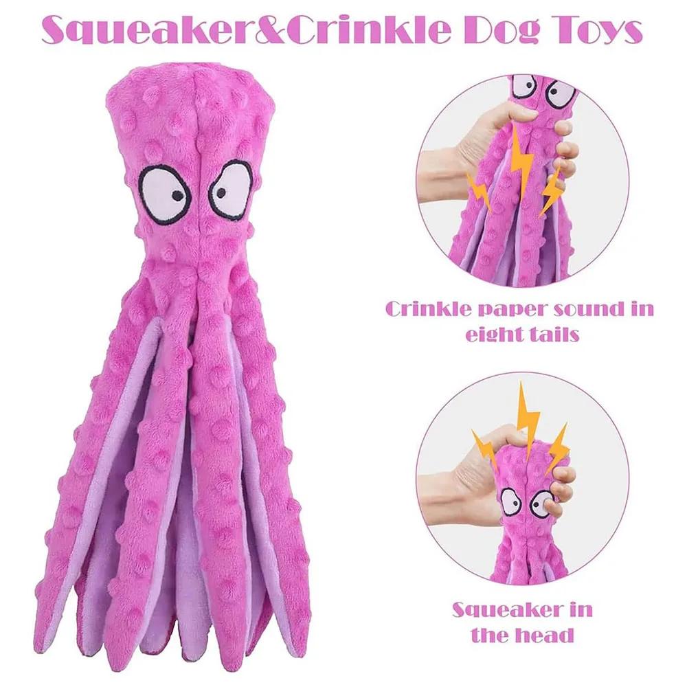 Nice Octopus Dog Chew Toys No Stuffing Plush Dog Squeaky Toy with Crinkle Paper in Legs Corduroy Interactive Dog Teeth Cleaning Toy