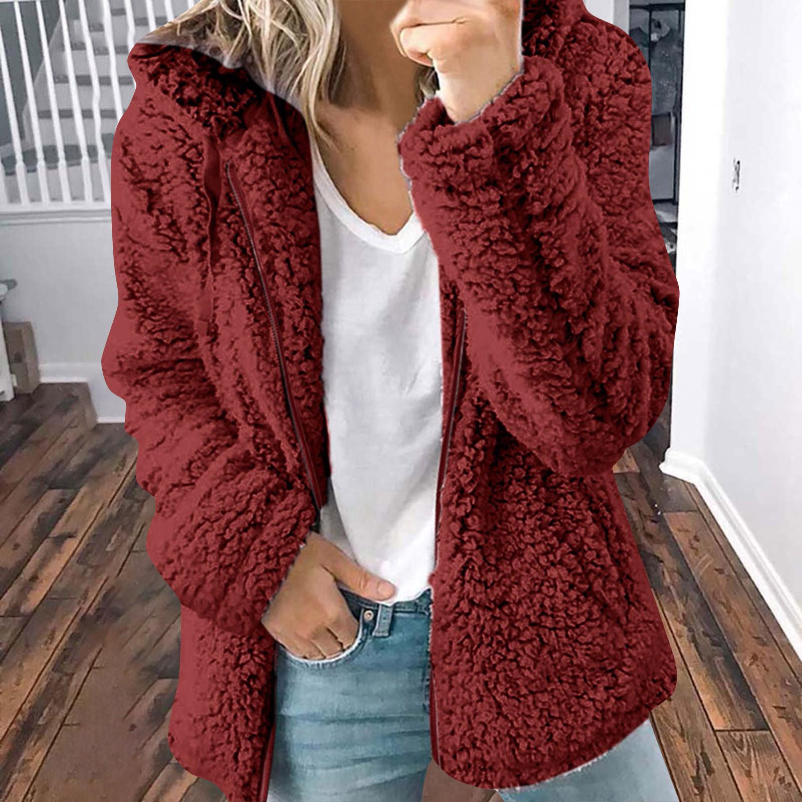 

Женское тонкое пальто на зиму и осень, повседневное однотонное пальто с капюшоном и поясом, карман на шнурке, с капюшоном из искусственного плюша, на молнии, с длинными рукавами, женское пальто XL красный