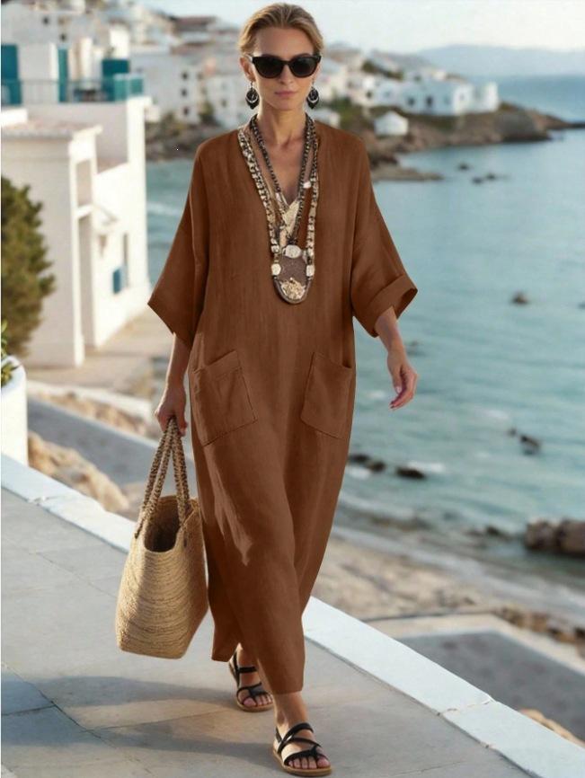 Summer Fashion Casual Hot Sale Solid Color Pocket V-neck Loose Imitation Linen Cotton Dress Women's Clothing