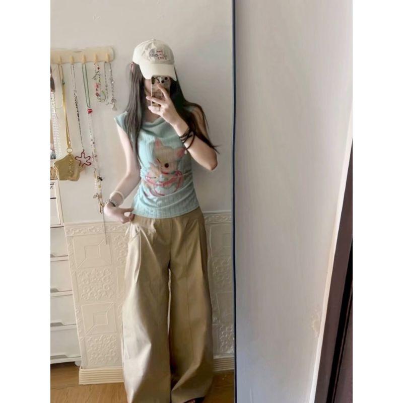 Kumikumi Sweet and Spicy Style Cat Print Sloping Shoulder Short Sleeve T-shirt Women Summer Chic Age-Reducing Niche off-Shoulder Top