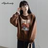 Korean Style Autumn Winter Women Brown Hoodies O Neck Flower Print Casual Loose Fleece Pullover Baggy Vintage Ladies' Basic Sweatshirt