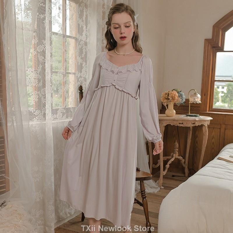 Pure Cotton Nightgown Women's Long Sleeve New Royal Style Lace Sweet Princess Nightgown