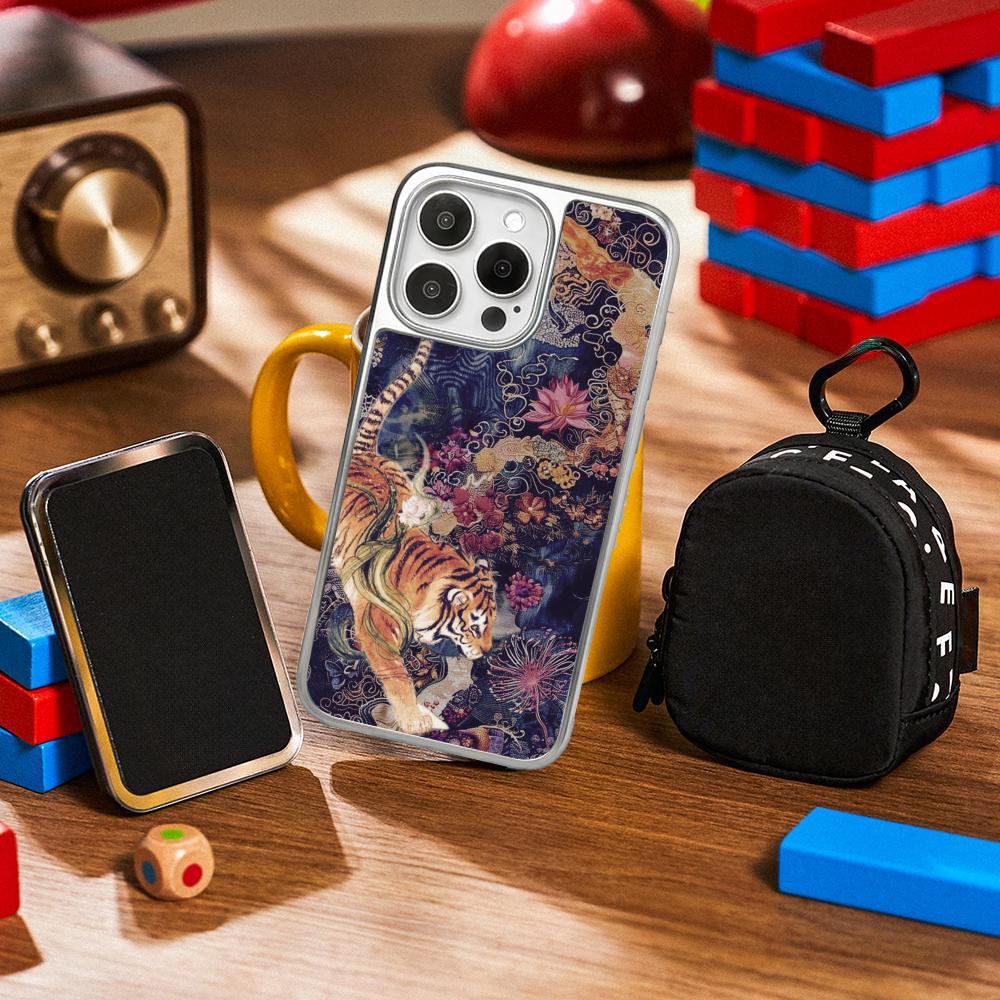 

White Tiger japan art painting pattern Phone Case for iPhone 16 15 14 13 12 11 Pro Max Sheepskin Silver-edged protective case iPhone16