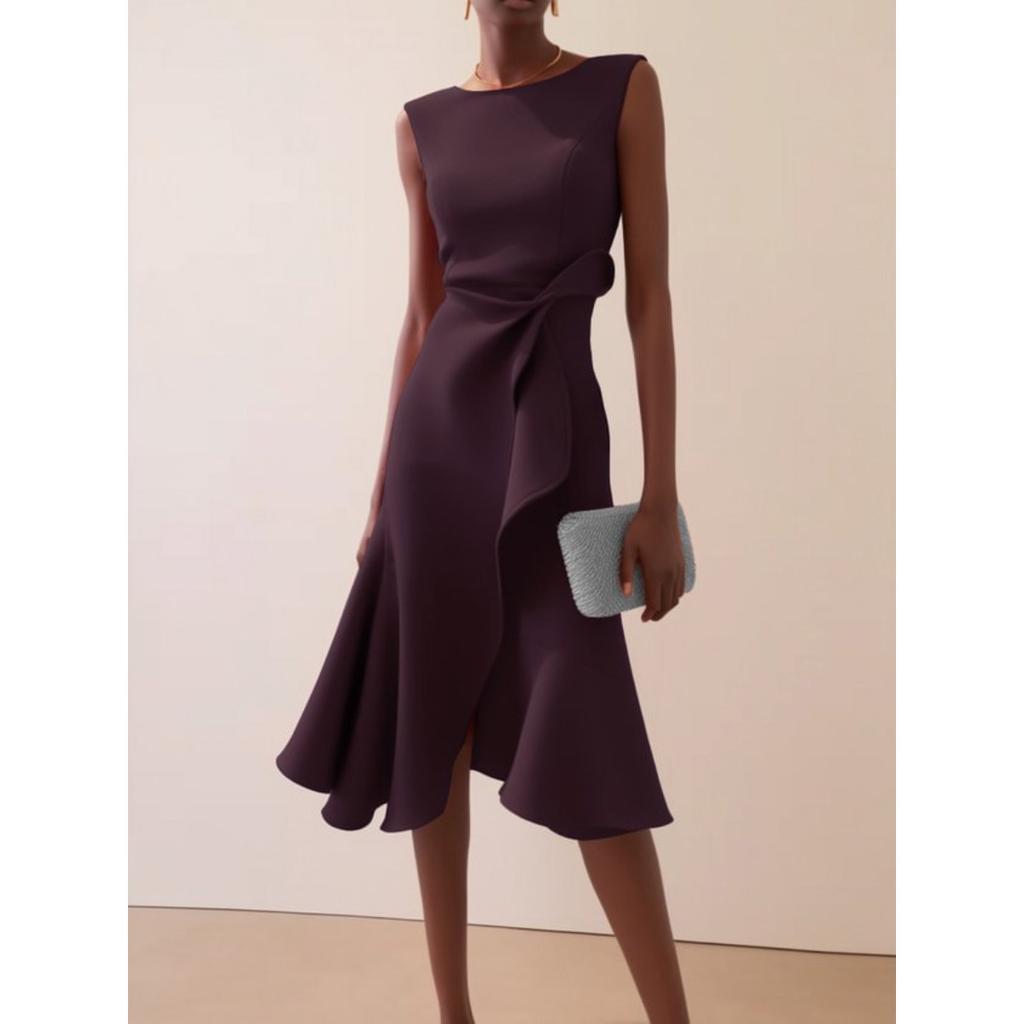 Damen Rundhals Ärmellos Einfarbig Rüschen Hohe Taille Elegant Party Midi Kleid