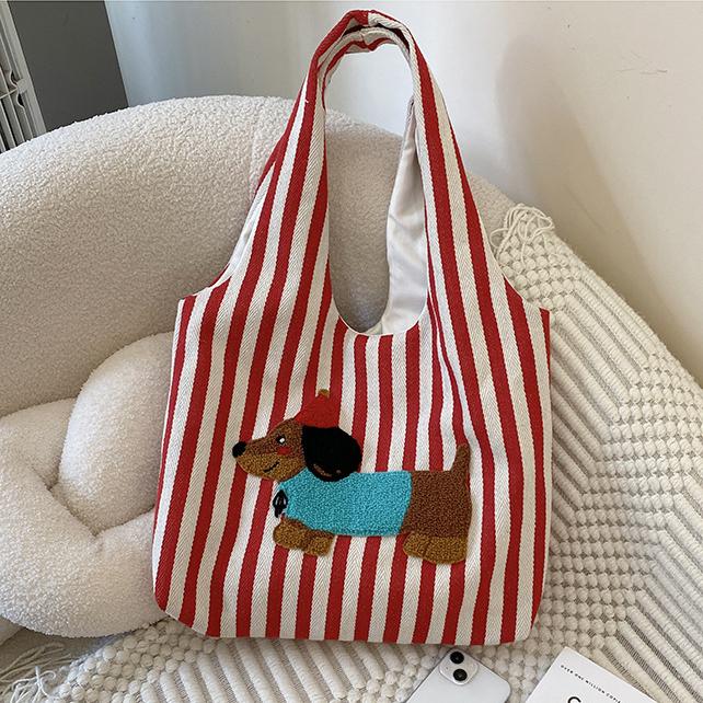 

Cute Dog Embroidery Women s Shoulder Vest Bag Large Capacity Female Commute Shopping Bags Simple Striped Ladies Tote Handbags красный