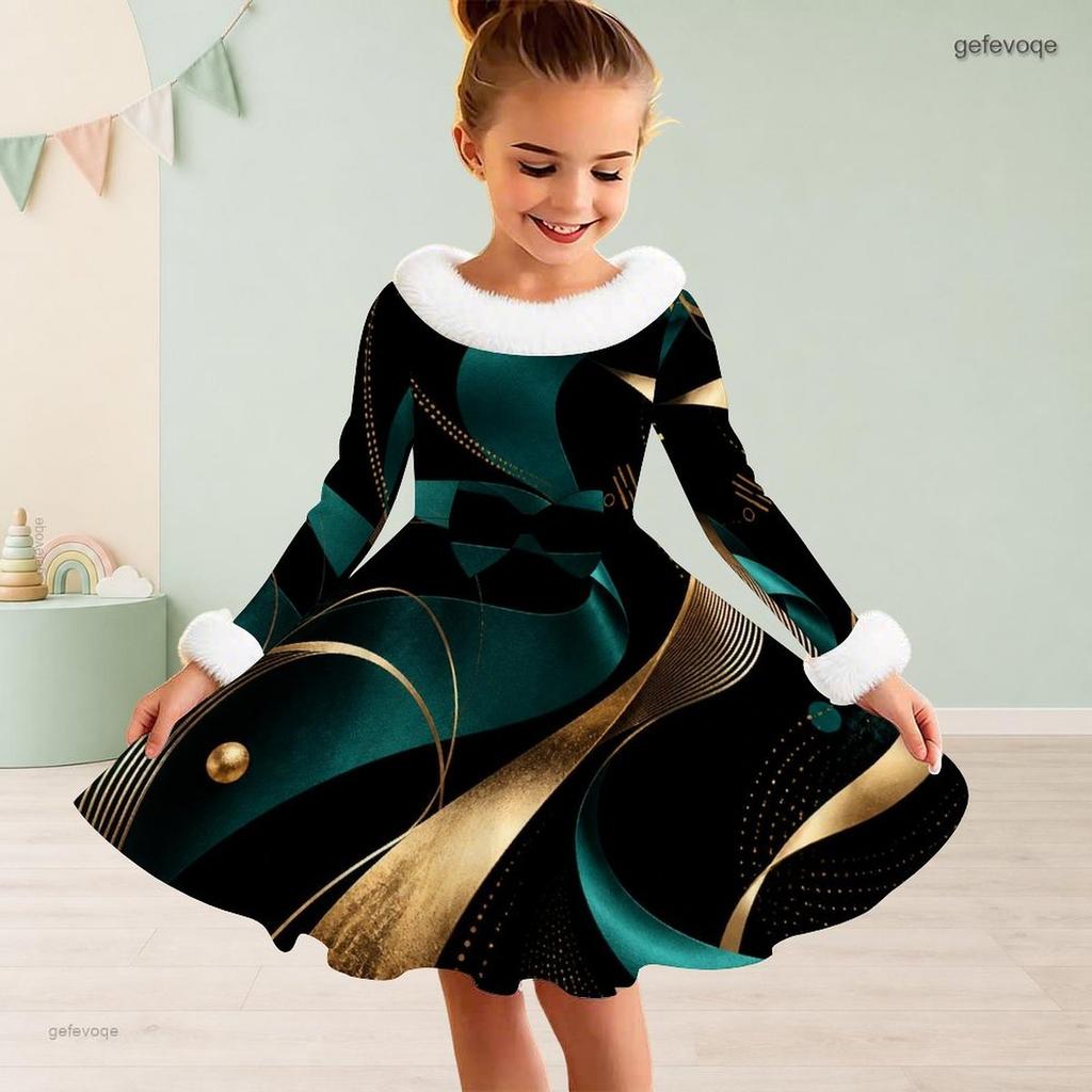 Girls Long Sleeve Printed Dress White Furry Collar And Cuffs Black Blue A Line Flared Hem