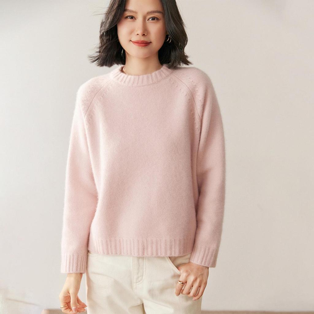 Women's Thickened Cashmere Raglan Sweater: Double-Layer, Loose Fit, Round Neck, Fashionable Knitted Base Layer, Lazy Style