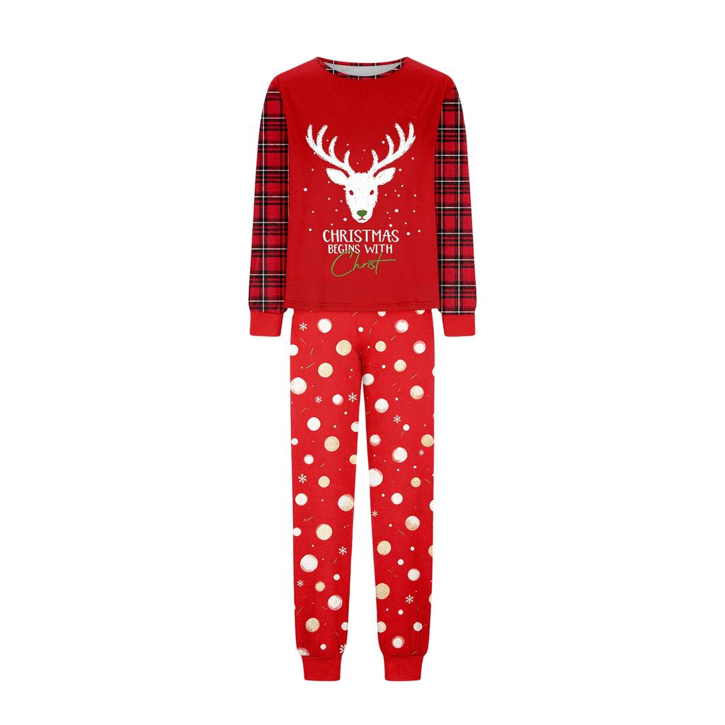 Family Matching Christmas Print Pajama Set with Long Sleeve Neck Top and Pants for Parent and Child
