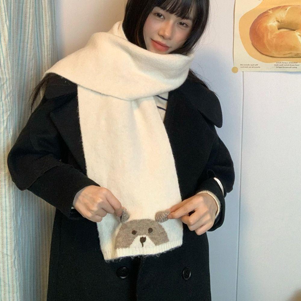 Sweet Cashmere Knitted Scarf Colorful Winter Neck Warmer Panda Cartoon Embroidery Scarf  Daily