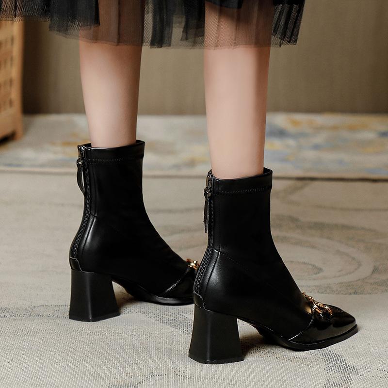 2025 new British Martin boots square head white short boots spring and autumn single boots horse buckle high heels thick heel