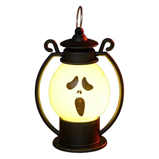 Halloween Party Prop Ghost Face Night Light, Portable Retro LED Lamp with Hanging Simulated Flame Ring, Battery Operated Vintage Horse Lantern