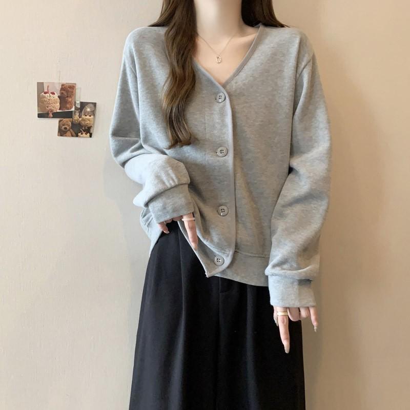 The Real Shot of the New Collar Sweater Women's Thin Loose Solid Color Single-breasted Cardigan Top Short Coat