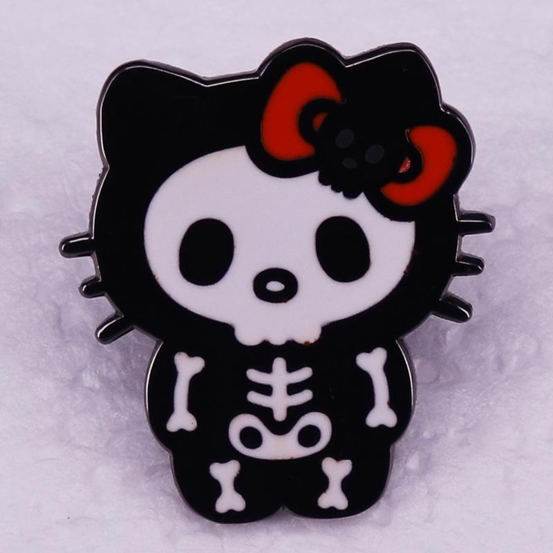 Cartoon Skull Cat Halloween Brooch - Cute Badge for Girls
