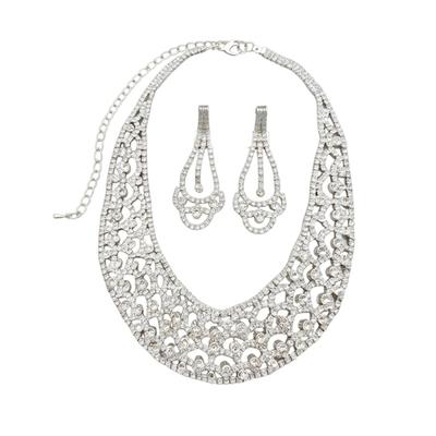 Stylish Round Cut Out Dangle Earrings With Matching Pendant Necklace Set Copper And Rhinestones Clavicle Chain Set