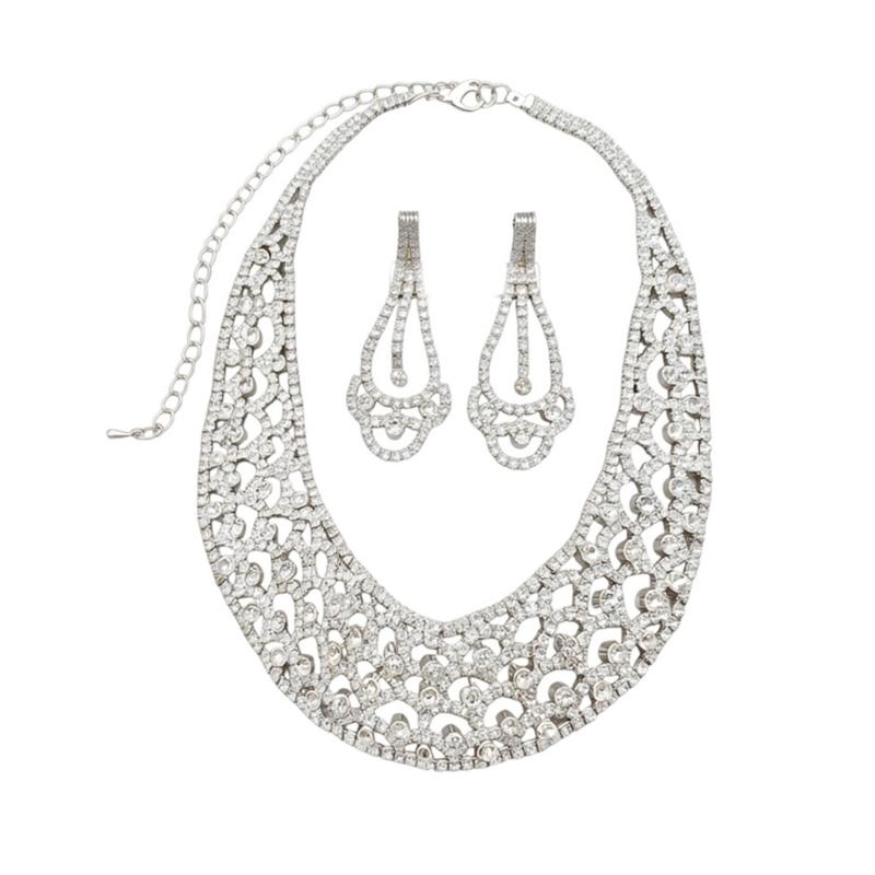 

Stylish Round Cut Out Dangle Earrings With Matching Pendant Necklace Set Copper And Rhinestones Clavicle Chain Set 1