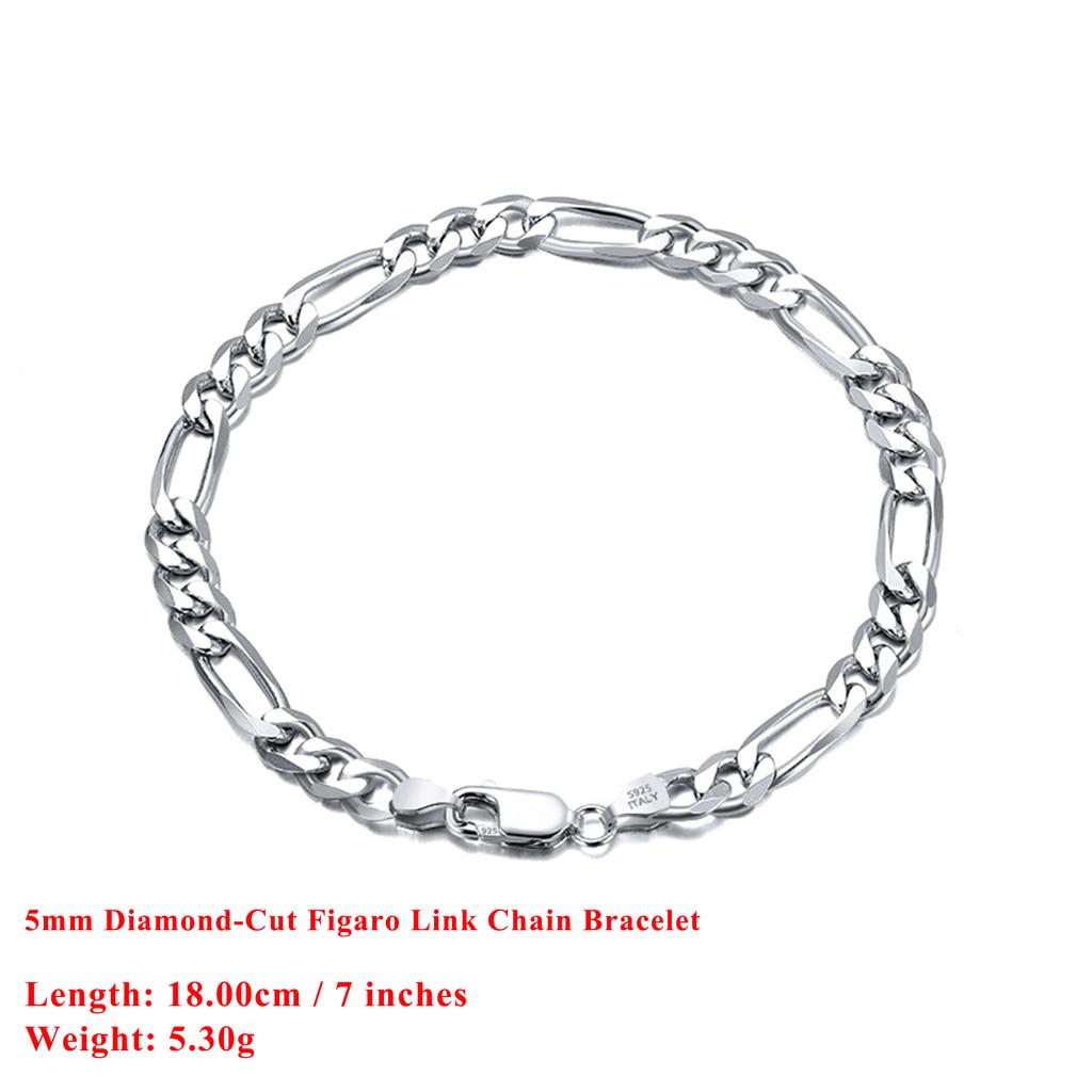 Effie Queen Italy Real 925 Silver Diamond-Cut Figaro Chain Necklace 5mm Wide 40-60cm Long Woman Man Neck Chain Jewelry Gift SC34