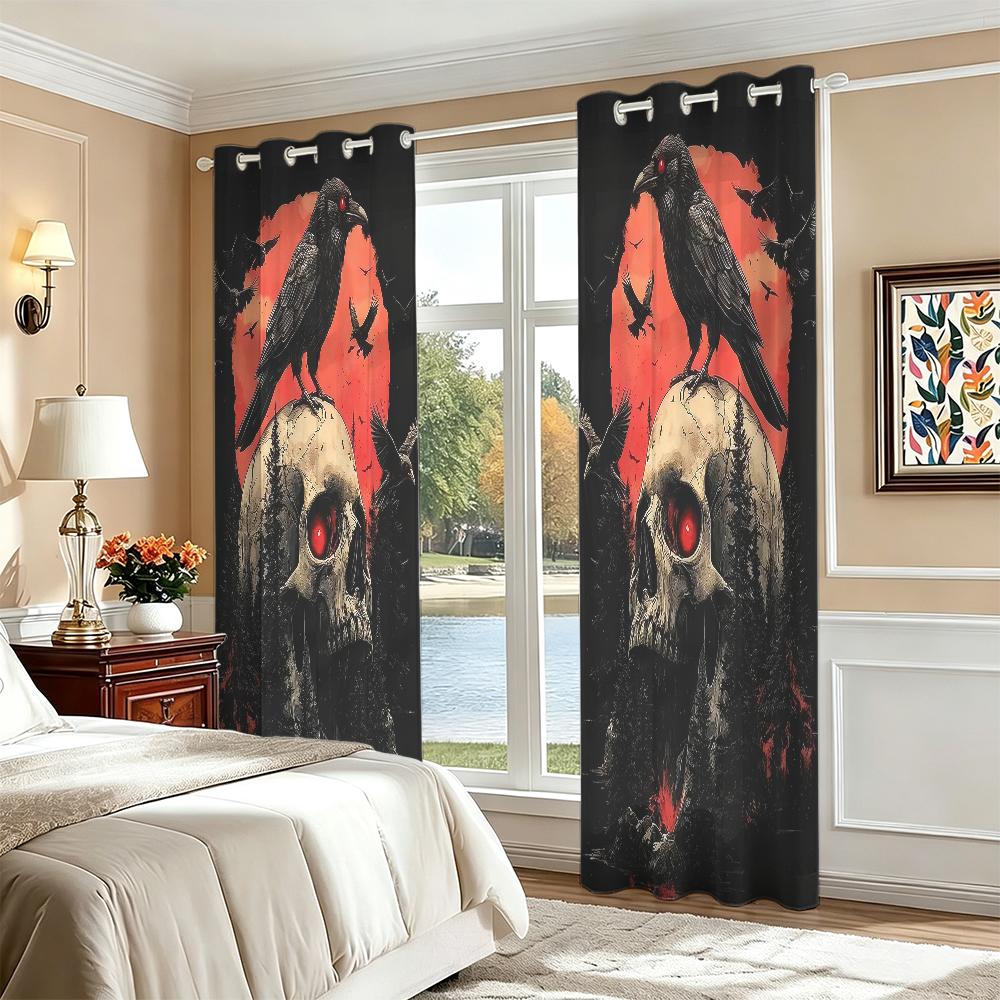 2Pcs Perforated Blackout Curtain Light Block Privacy Drape Living Bedroom Halloween Crow Skull Red Background Horror Window D
