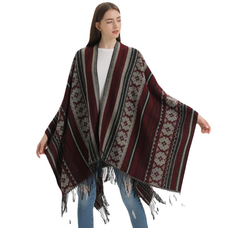 Vintage tassel split women's shawl new imitation cashmere knitted scarf thickened travel knitted cape