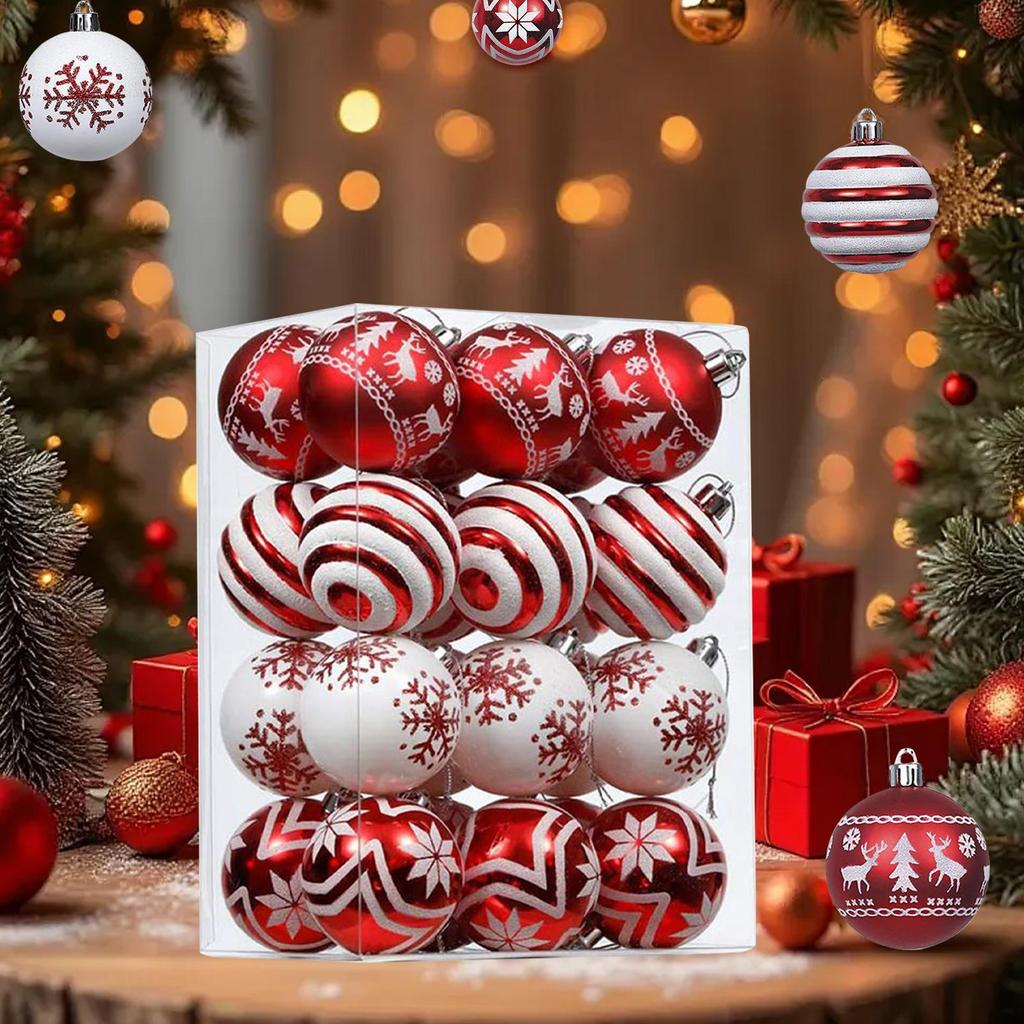 Christmas Balls 24 Pieces Red And White Ball Christmas Tree Decorations 2.36 Inch Shatterproof Pendant For Home Party