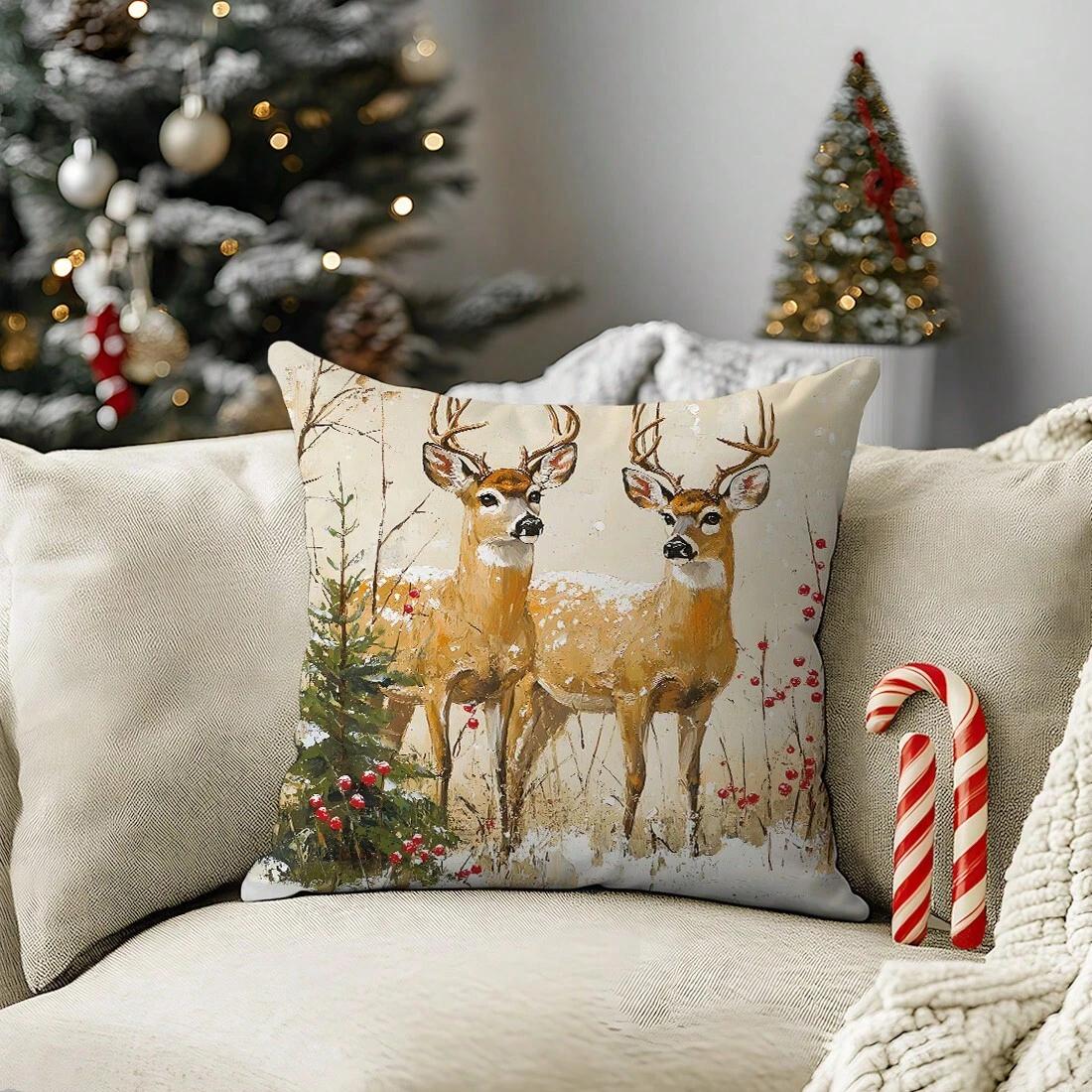 

Christmas Reindeer Print Pillow Case Soft Fabric Ideal For Christmas Gift Home Bedroom Sofa Living RoomDecor 18x18Inch