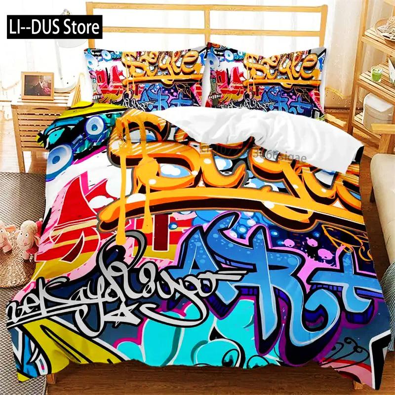 Graffiti Duvet Cover Hip Hop Street Culture Print Bedding Set Microfiber Colorful Overlapping Blocky Letters Art Comforter Cover
